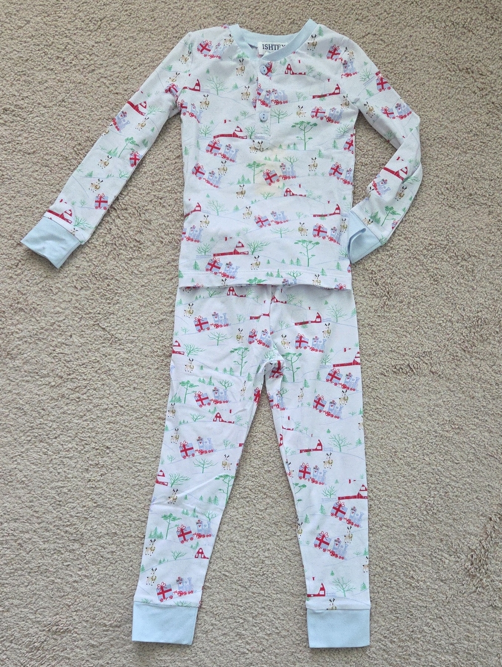 Kids Long Sleeve Pajama Set - Light Blue Holiday Print